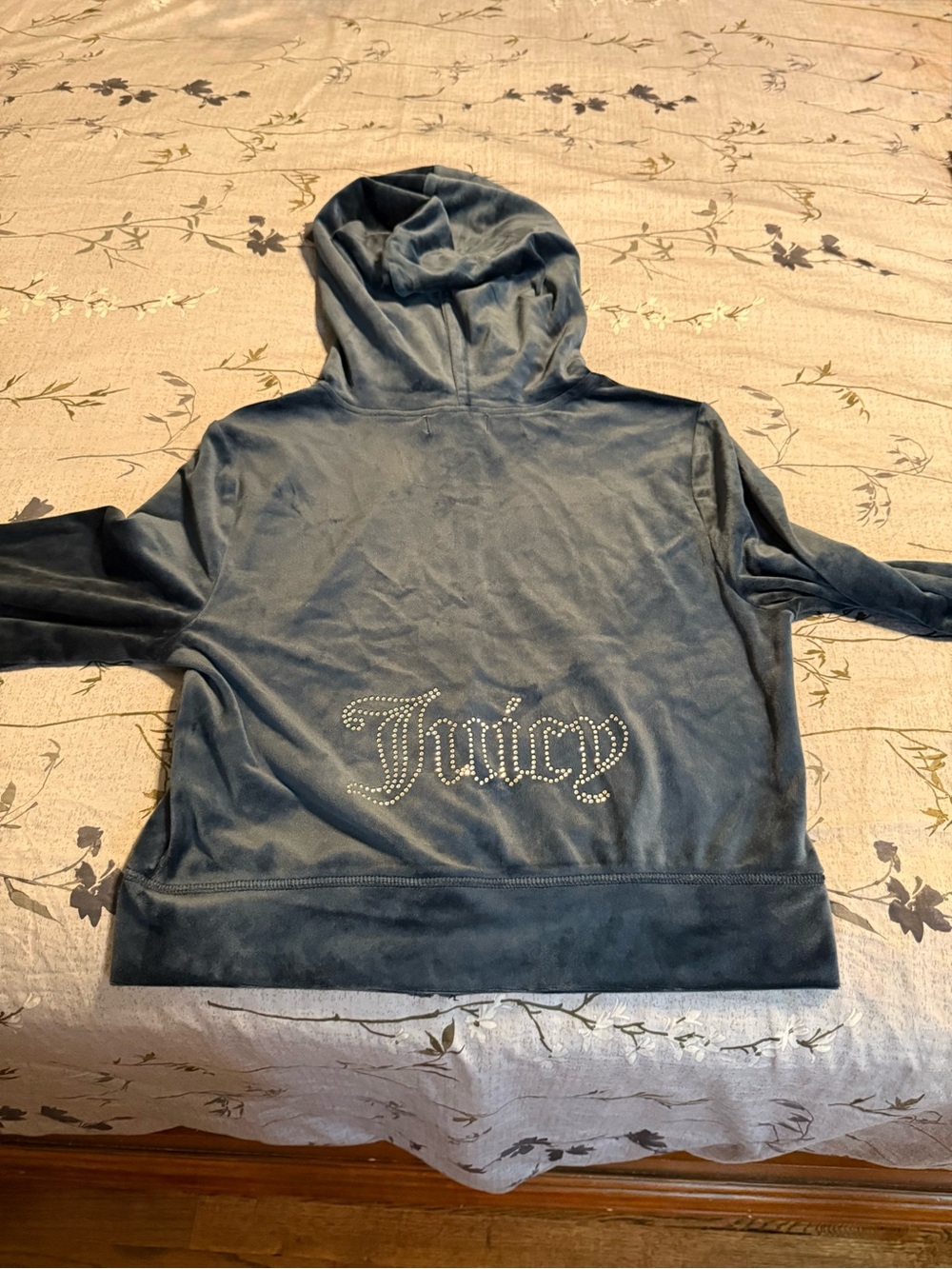 Juicy Couture Slate Blue Velour Rhinestone Logo Hoodie